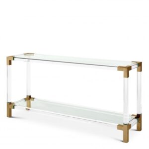 Console Table Royalton features two clear glass table surfaces that run parallel to clear acrylic rods.