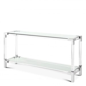 Console Table Royalton features two clear glass table surfaces that run parallel to clear acrylic rods.