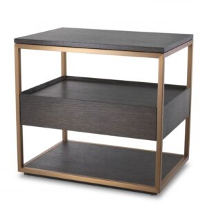 With a metallic frame in a brushed brass finish and a top, body and lower shelf of mocha straight oak veneer, this chic side table features a modern design with a retro twist that elevates the space around it.