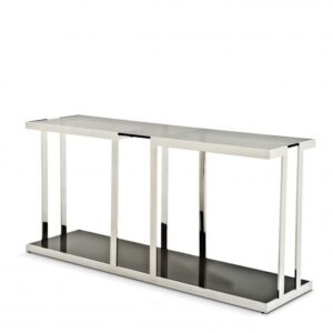 The elegant eye-catching Console Table Treasure features a sleek and shiny polished stainless steel frame which wraps around a black smoked glass tabletop and base.