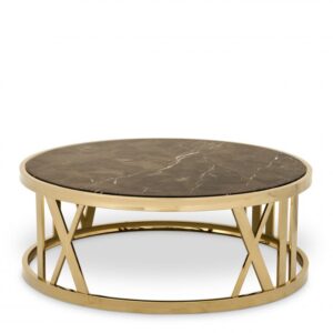 Comprising a gold finished frame with incorporated Roman numerals and a brown marble tabletop, the Baccarat Coffee Table will fit well in any interior whether traditional or modern