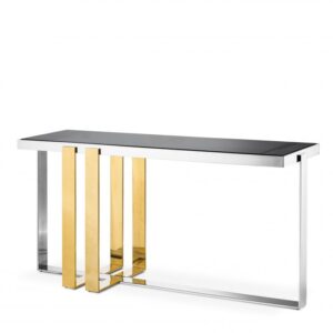 Inspired by the pure vertical and horizontal lines of Dutch art movement De Stijl, the Belgo Console Table comprises a polished stainless steel frame with two gold finished table legs and a smoke tabletop.