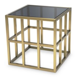 Looking for a sleek and glamorous end table? Like a piece of modern art, Side Table Lazare features a smoke glass panel on a geometric frame with brushed brass finish for optimal visual appeal.