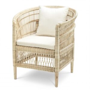 Sit back in the gracious Togo Chair. This stunning accent chair is handwoven of rattan wicker and comes with a comfy seat and back cushion in Ilios cream.