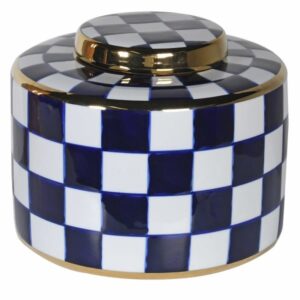 The Blue and White Chequered Lidded Jar gives to your room a gorgeous look.