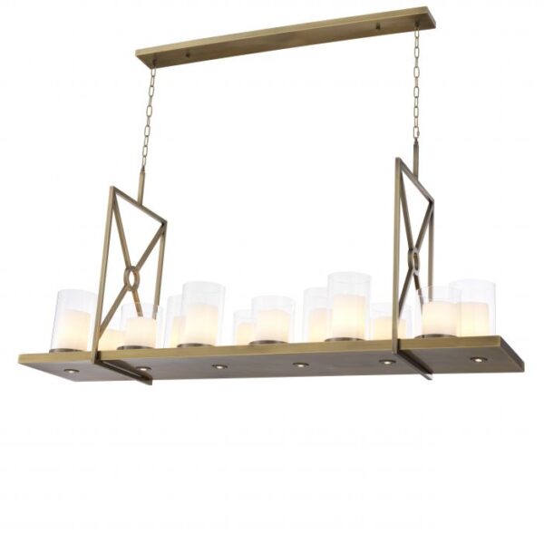 The glossy polished stainless steel frame of the Summit Chandelier comprises two square panels with an integrated x-shaped design.